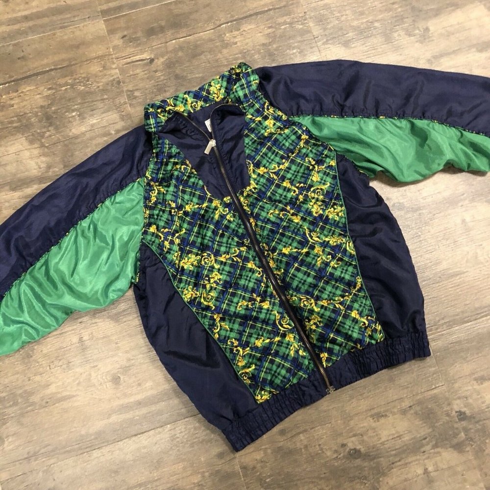Women’s‎ Vintage 90s Basic Editions Full Zip Blue Green Plaid Gold Windbreaker S